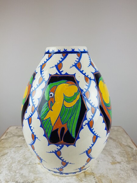 Catteau Charles, earthenware vase with stylized parrots