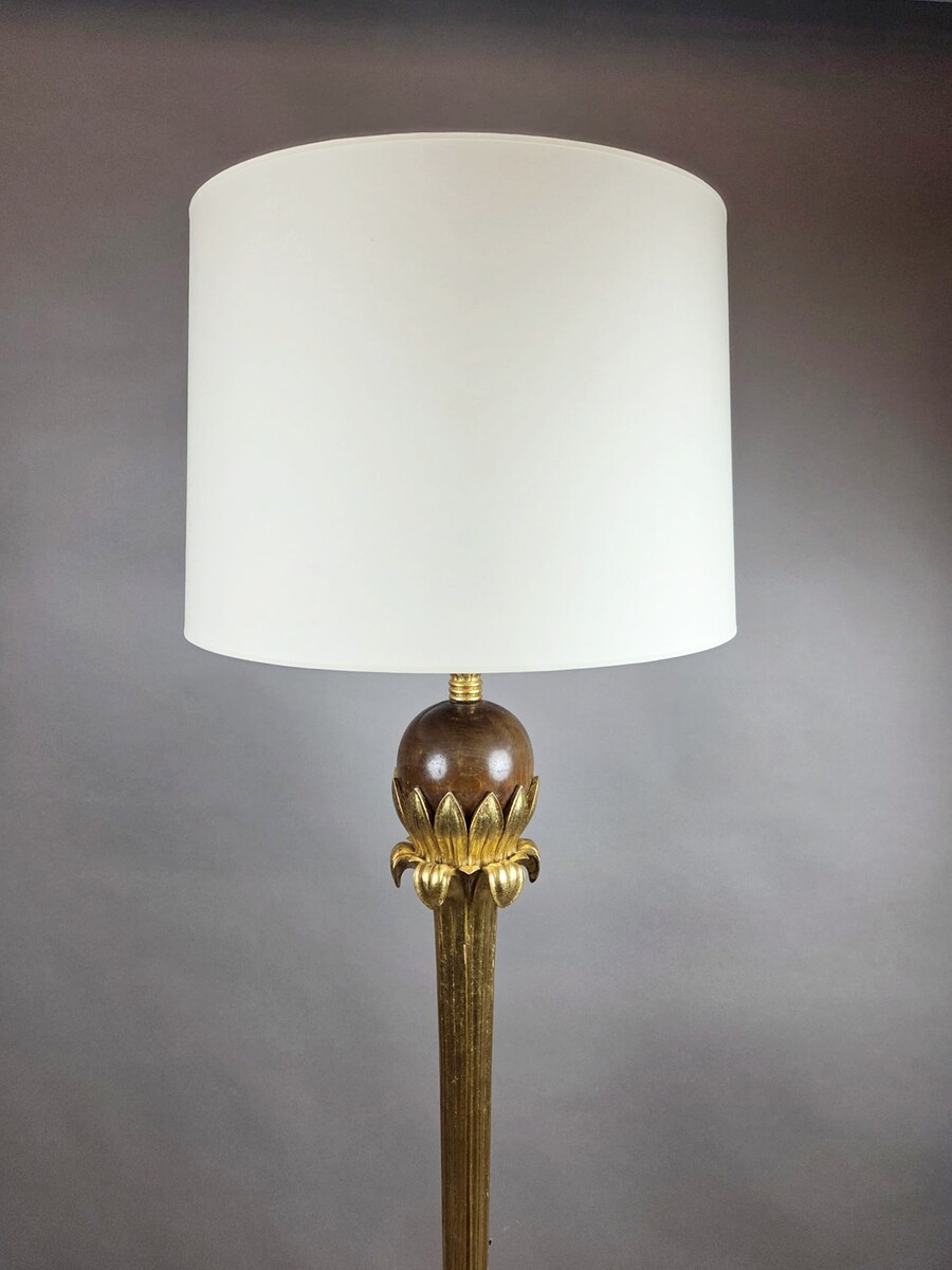 Chambon, weathered and gilded wooden floor lamp, circa 1940