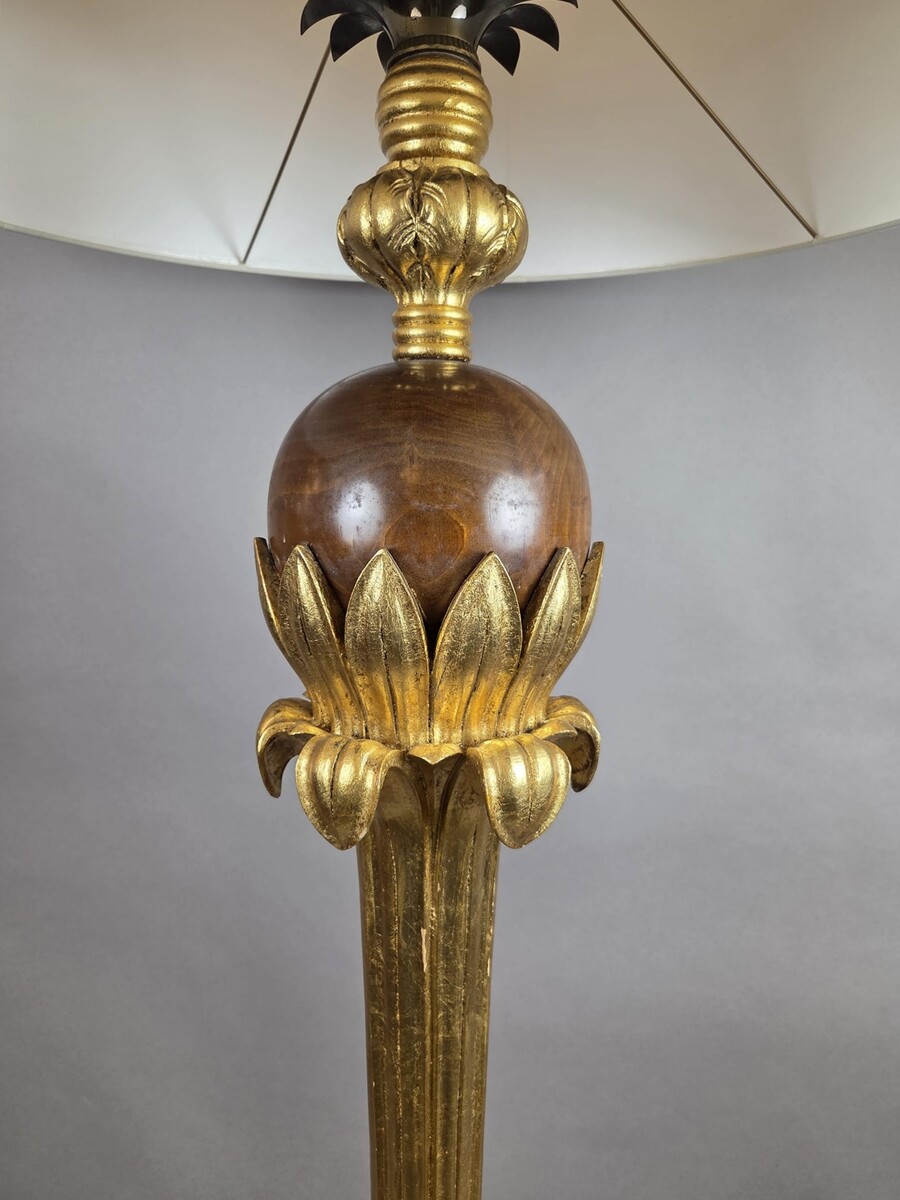Chambon, weathered and gilded wooden floor lamp, circa 1940