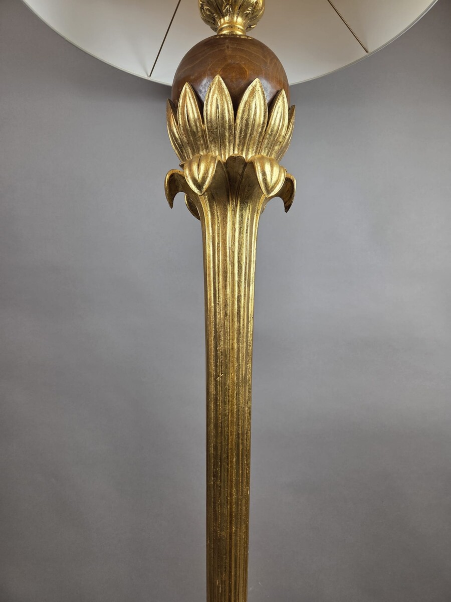 Chambon, weathered and gilded wooden floor lamp, circa 1940