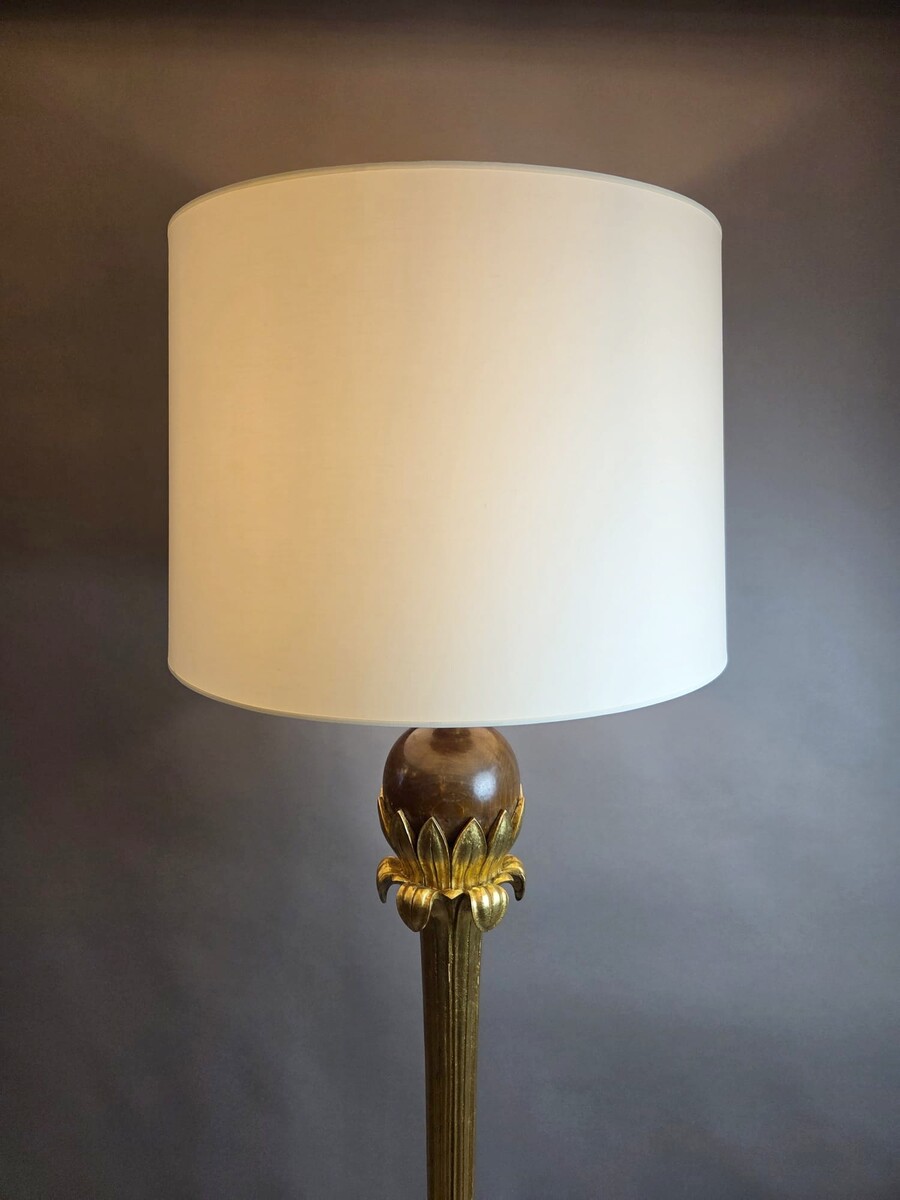 Chambon, weathered and gilded wooden floor lamp, circa 1940
