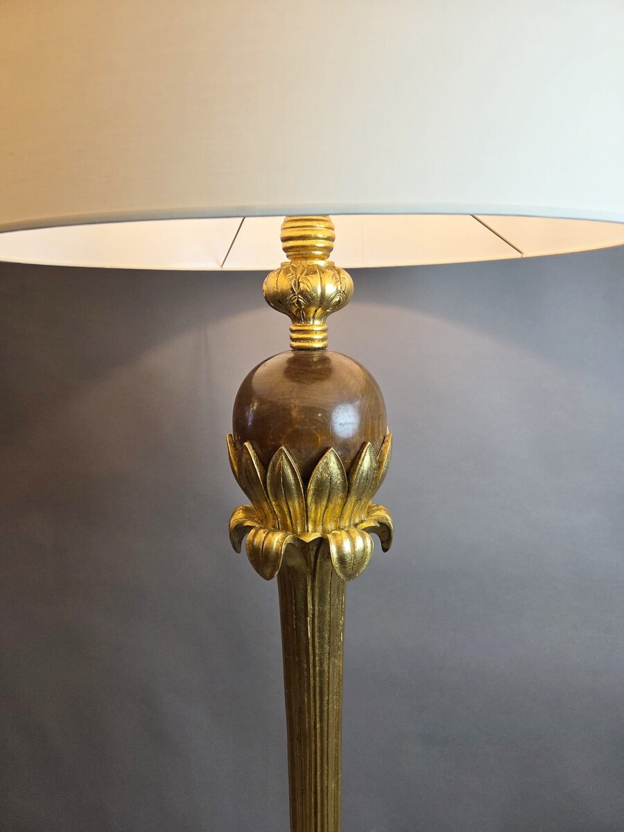 Chambon, weathered and gilded wooden floor lamp, circa 1940