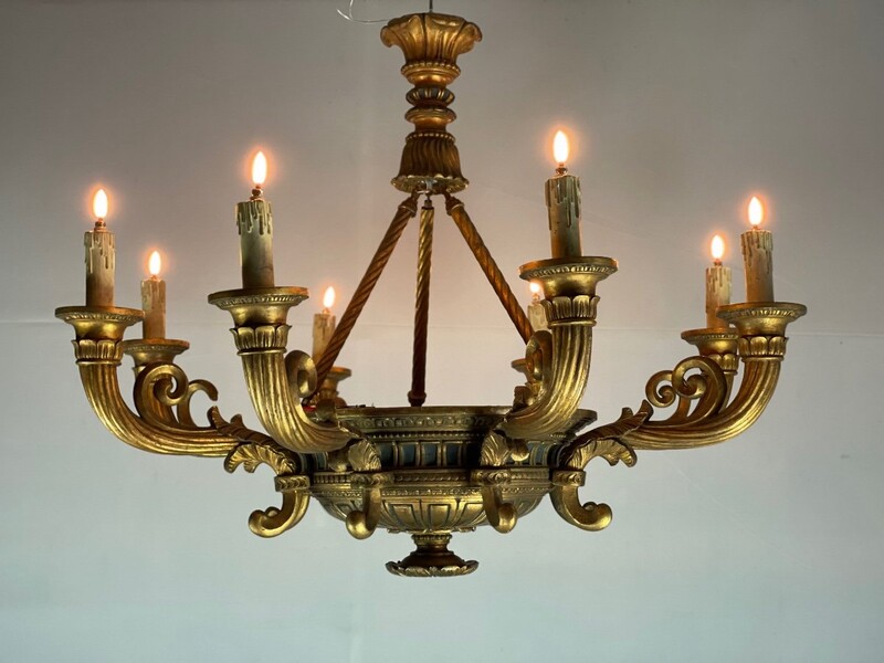 Chandelier In Carved And Gilded Wood, Italy Circa 1900