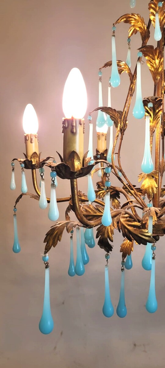 Chandelier in gold metal and turquoise opaline drops - 6 arms of light - circa 1950