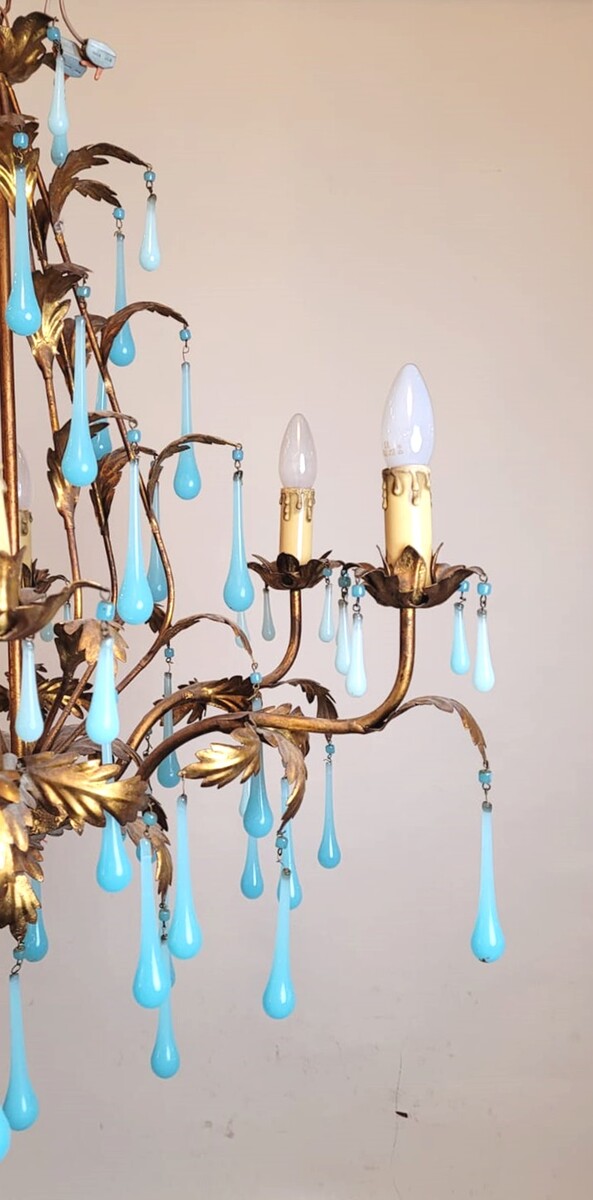 Chandelier in gold metal and turquoise opaline drops - 6 arms of light - circa 1950