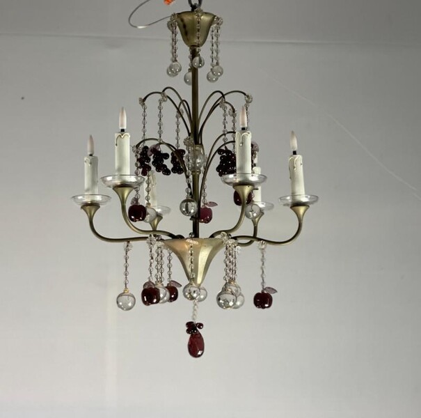 Chandelier In Silver Bronze Garnished With Tassels, Fruits And Balls