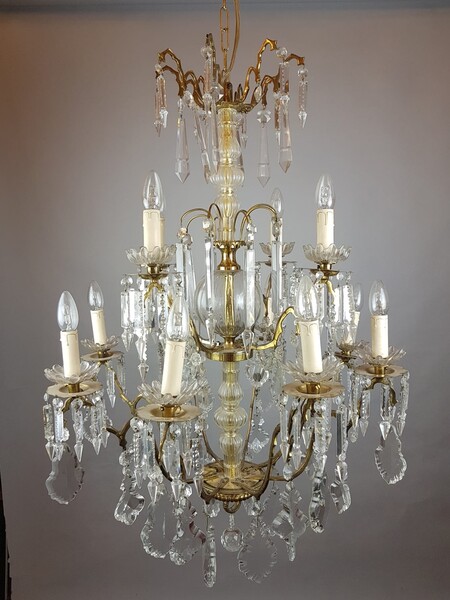 Chandelier with crystal drops and brass frame, 19th
