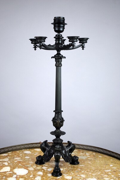 Charles X candlestick in bronze with green patina. (electrified)