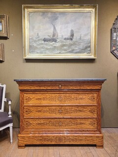 Charles X period writing desk chest of drawers, amaranth marquetry