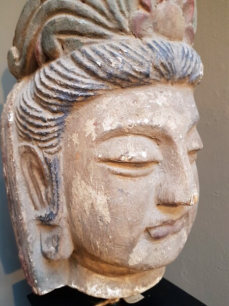 Chinese deity head in polychrome wood, early 20th