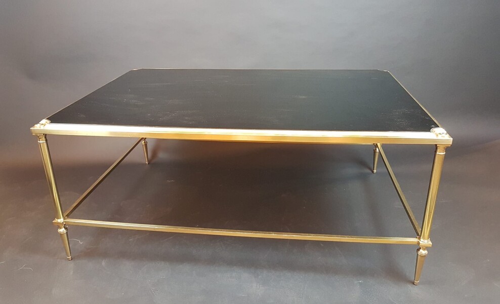 Coffee table in brass and black tinted glass, circa 1940