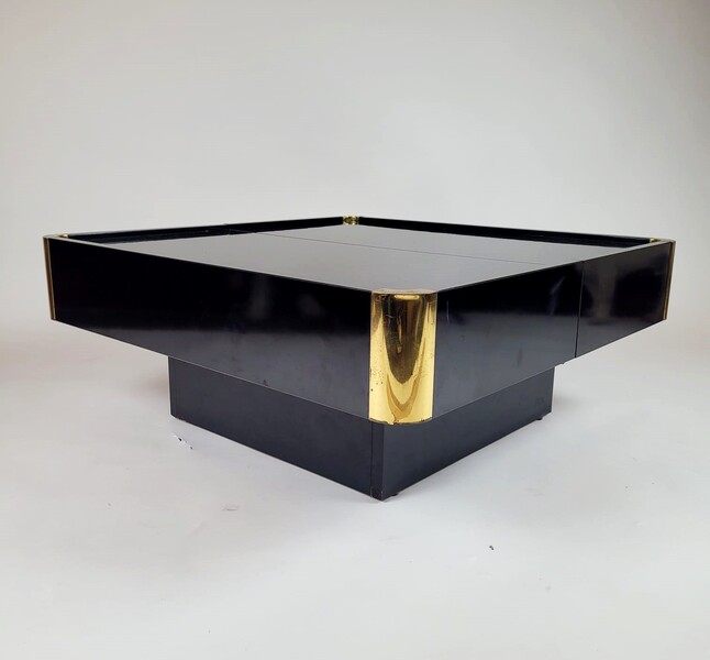Coffee table opening onto a bar in black lacquered wood and brass - circa 1970