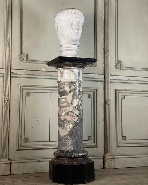 Column In Three Marbles, Levanto, Belgian Black And Violet Breche Circa 1900