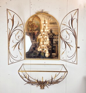 Console table and mirror in brass and gilded sheet metal, circa 1960