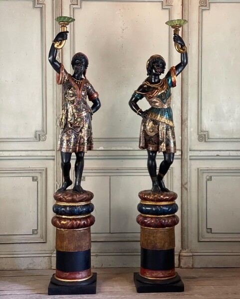 Couple Of Venetian Servants In Polychrome Carved Wood