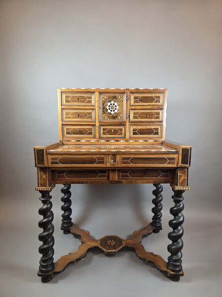 Desk, cabinet, in rosewood, walnut and mahogany, ivory ornamentation, Flanders late 18th