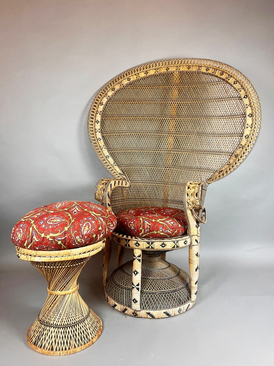  Emmanuelle Peacock Armchair with Ottoman, circa 1970