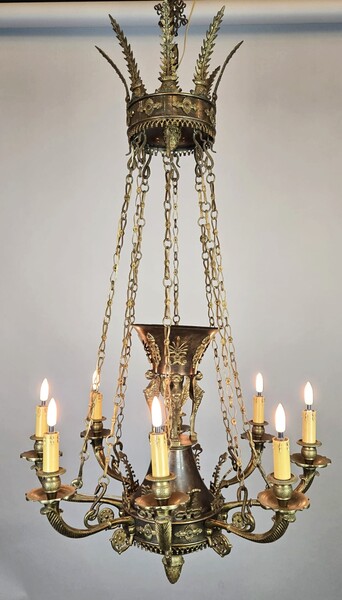 Empire style chandelier in sheet metal, bronze and brass, 19th century.