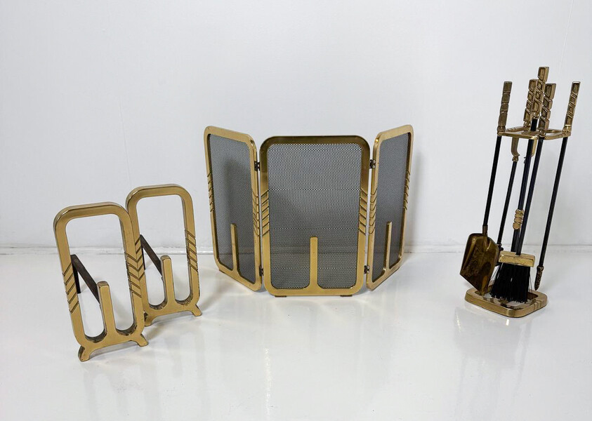 Fireplace set, brass, Italy, 1970s