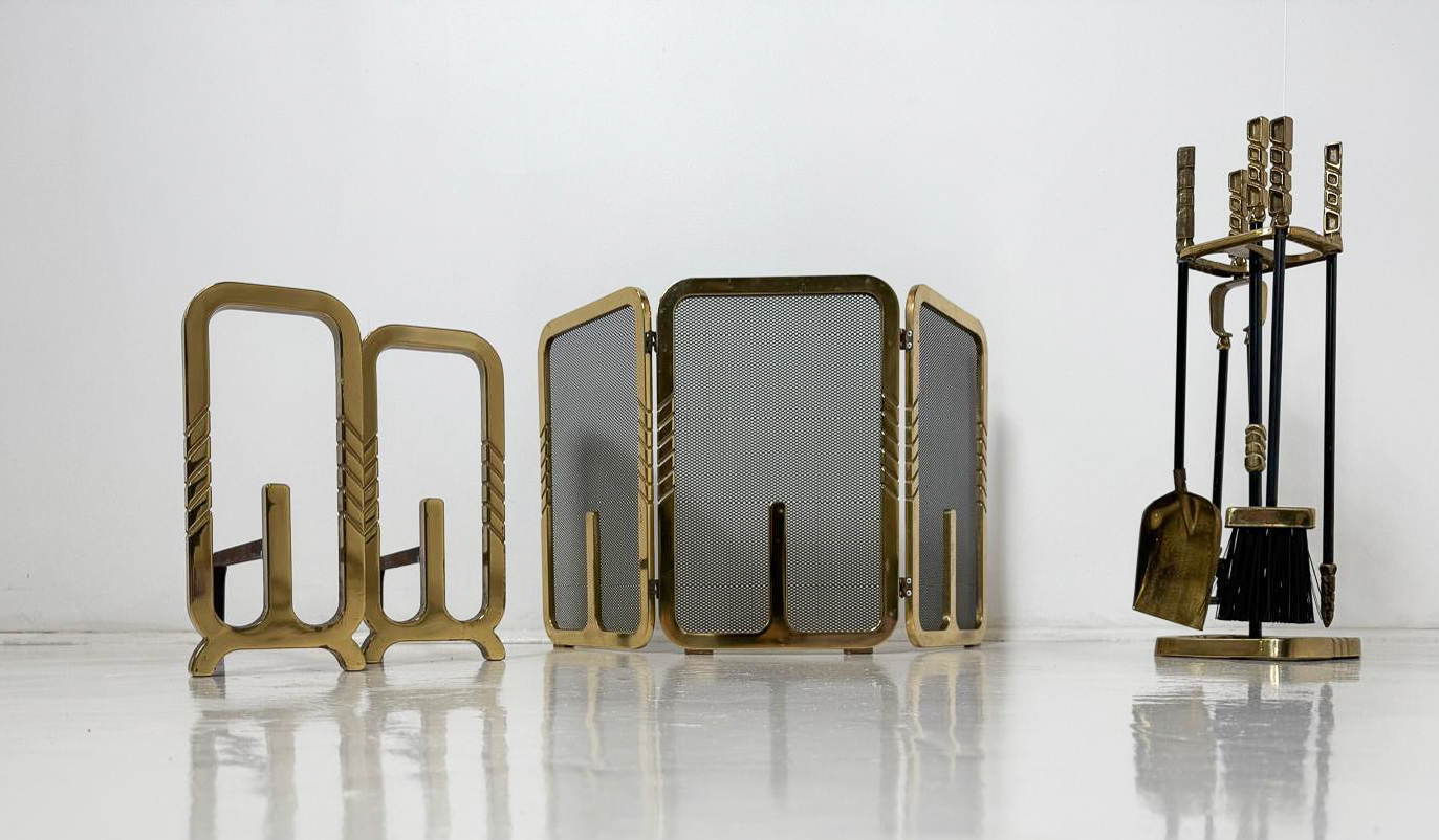 Fireplace set, brass, Italy, 1970s