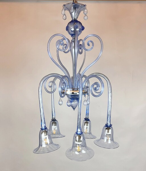 Five-arm Murano glass chandelier with scrollwork, 20th century.