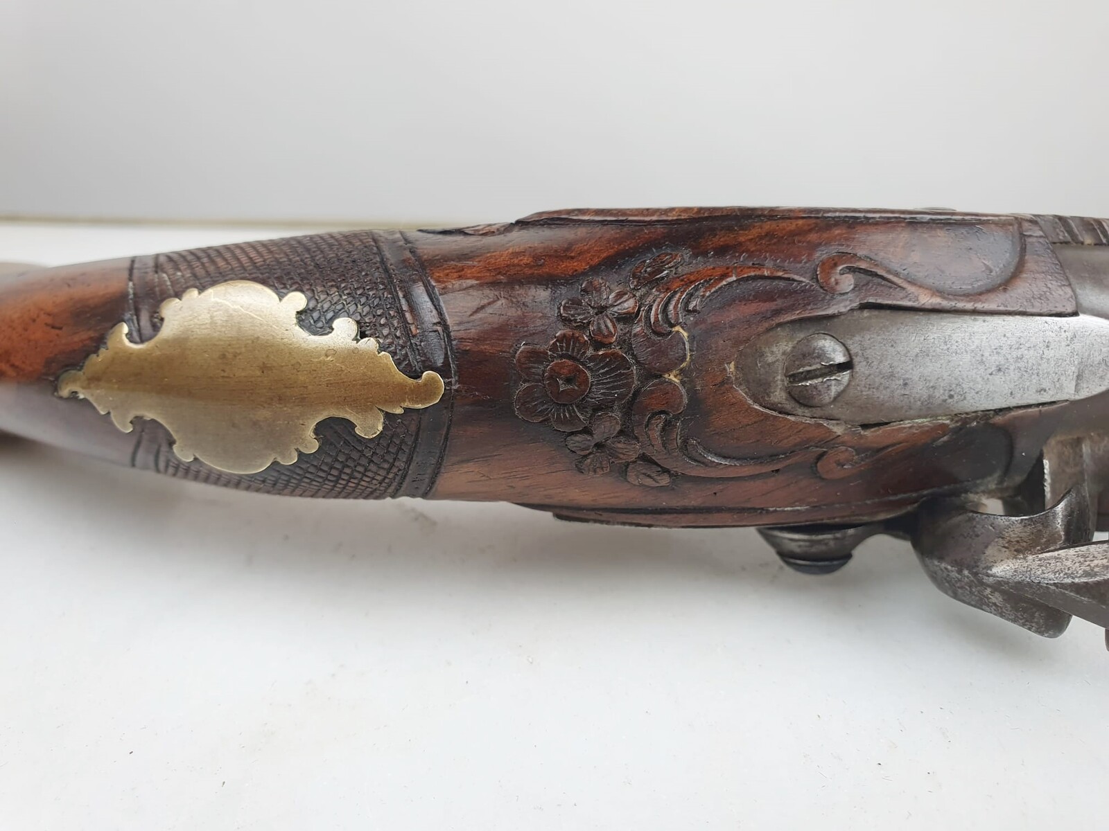 Flintlock pistol, punched and signed conon, bronze mounts, worked wooden mount, inch piece, Germany circa 1780