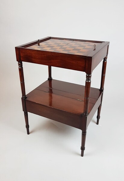 Game table, double-sided board (checkerboard and bagdamon) early 20th