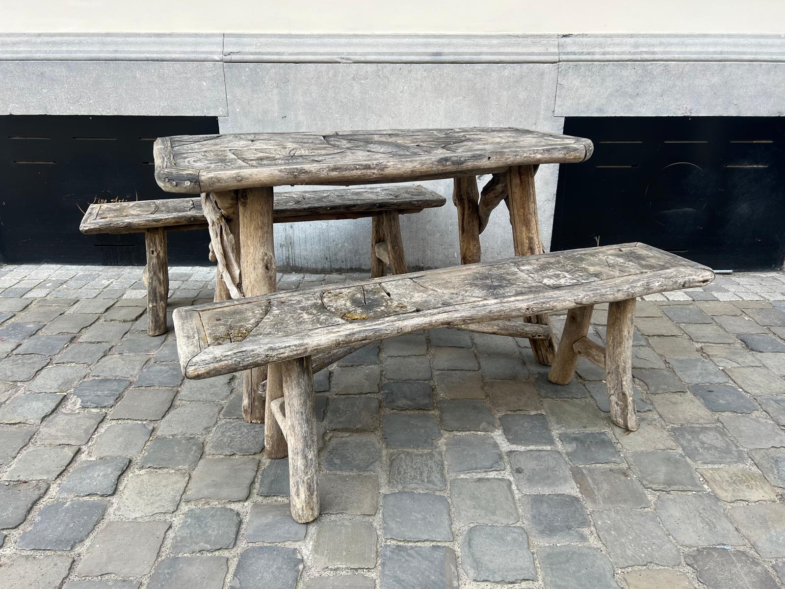 Garden set including table and 2 benches, early 20th