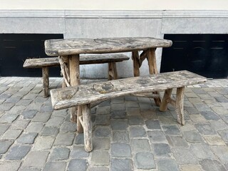 Garden set including table and 2 benches, early 20th