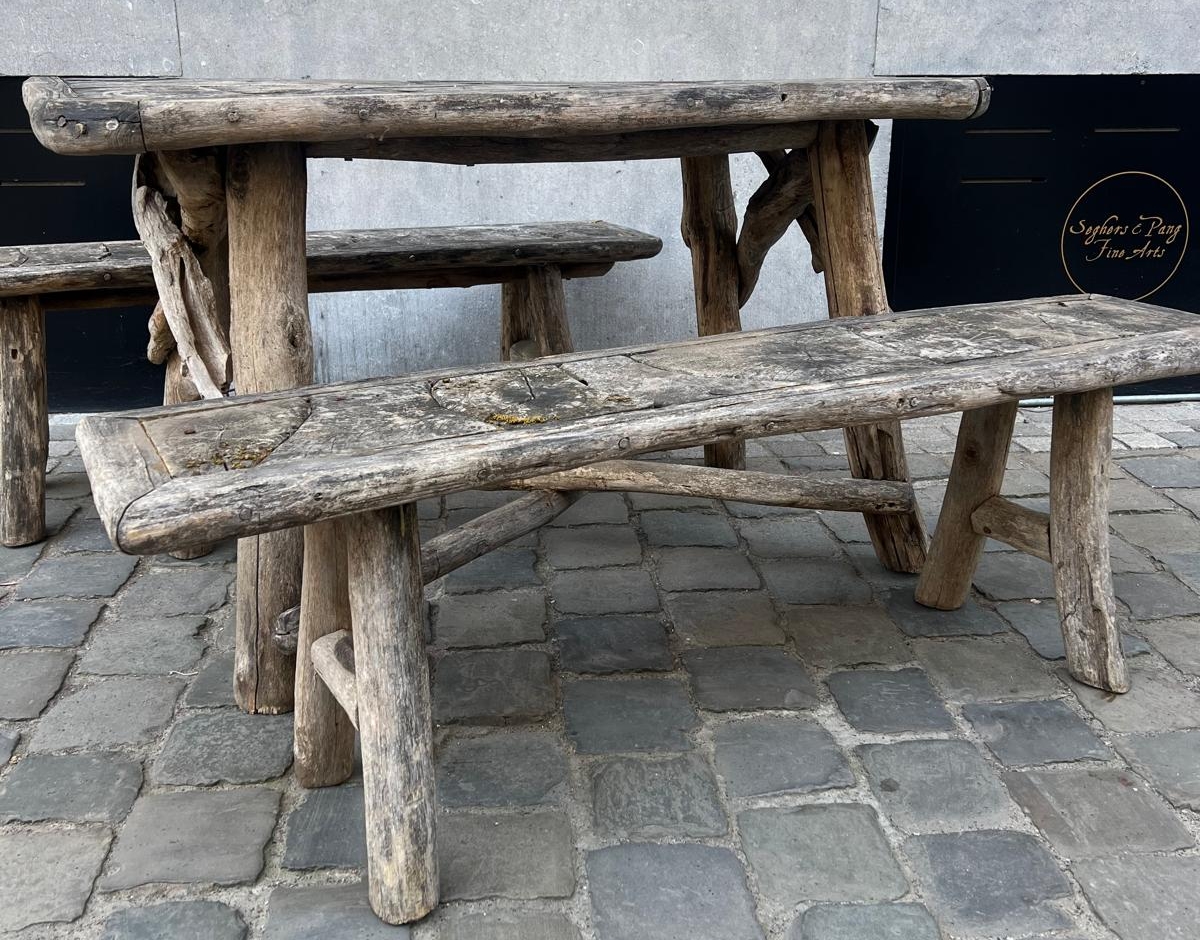 Garden set including table and 2 benches, early 20th