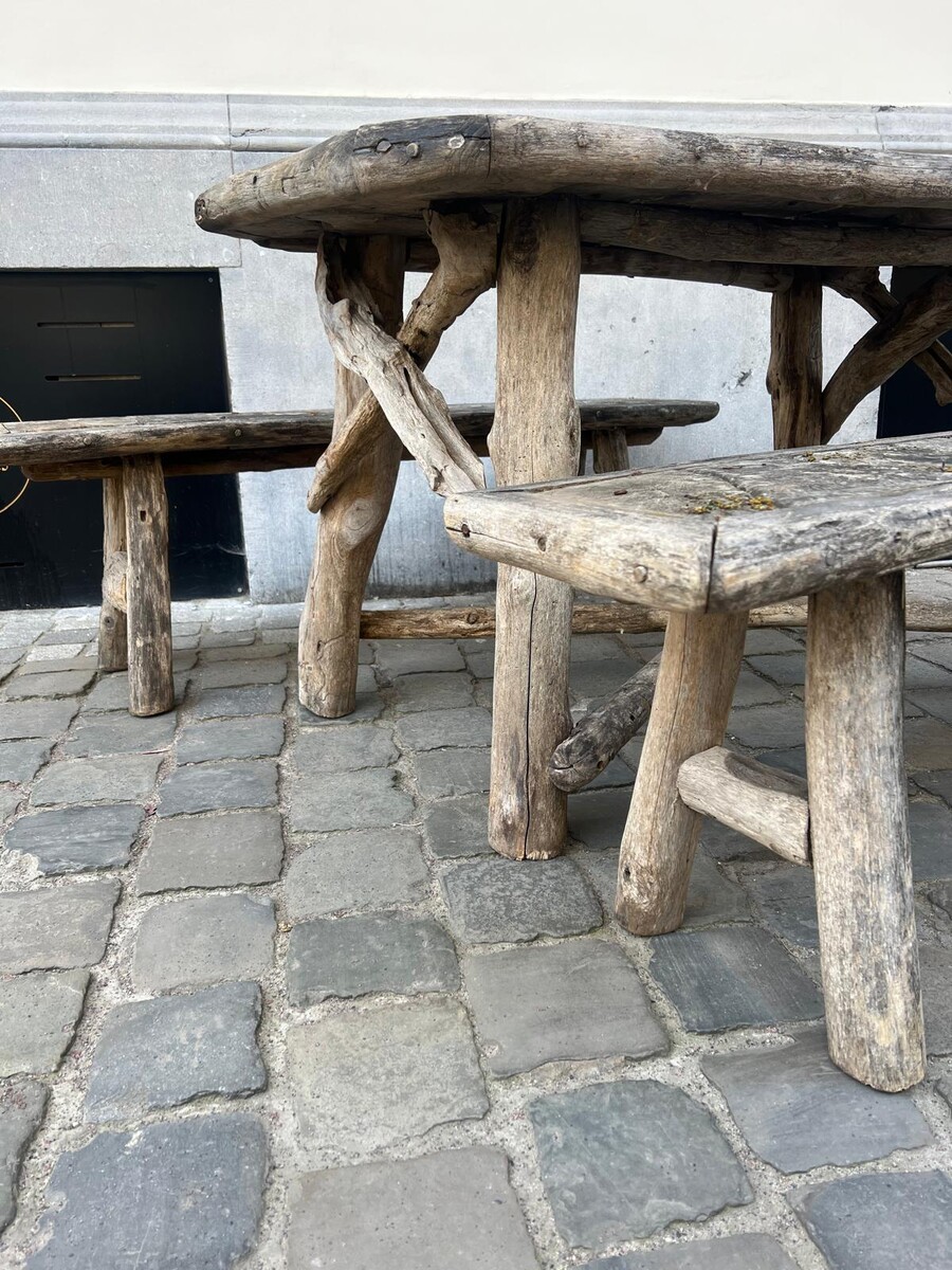 Garden set including table and 2 benches, early 20th