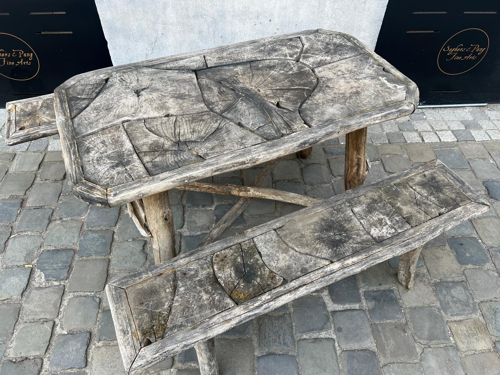 Garden set including table and 2 benches, early 20th