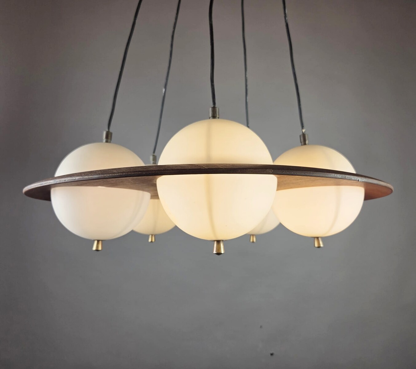 Goffredo Reggiani, opaline glass chandelier with teak frame, Italy, circa 1960
