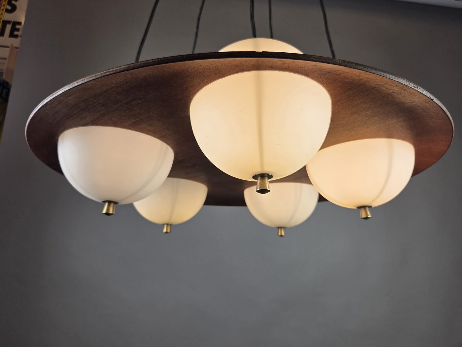 Goffredo Reggiani, opaline glass chandelier with teak frame, Italy, circa 1960
