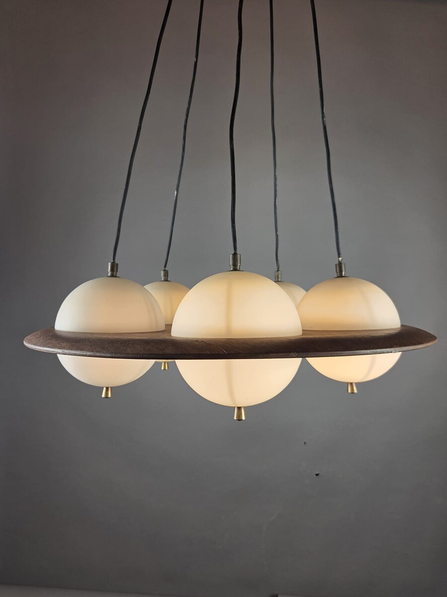 Goffredo Reggiani, opaline glass chandelier with teak frame, Italy, circa 1960