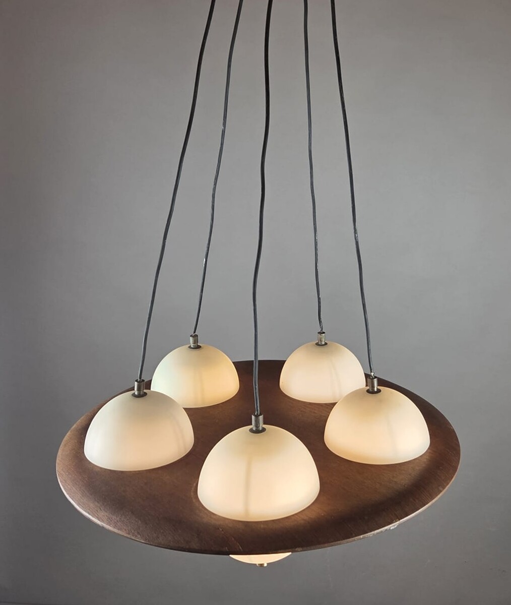 Goffredo Reggiani, opaline glass chandelier with teak frame, Italy, circa 1960