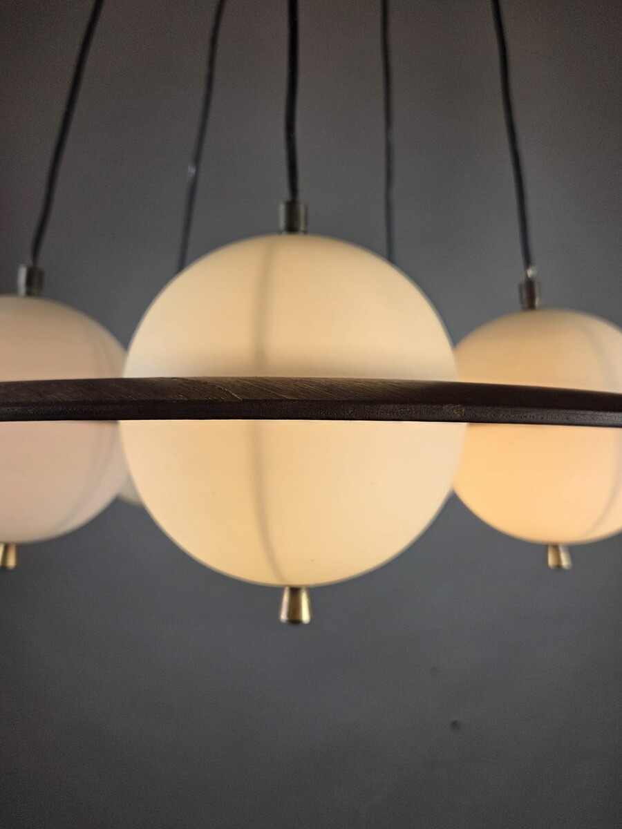 Goffredo Reggiani, opaline glass chandelier with teak frame, Italy, circa 1960