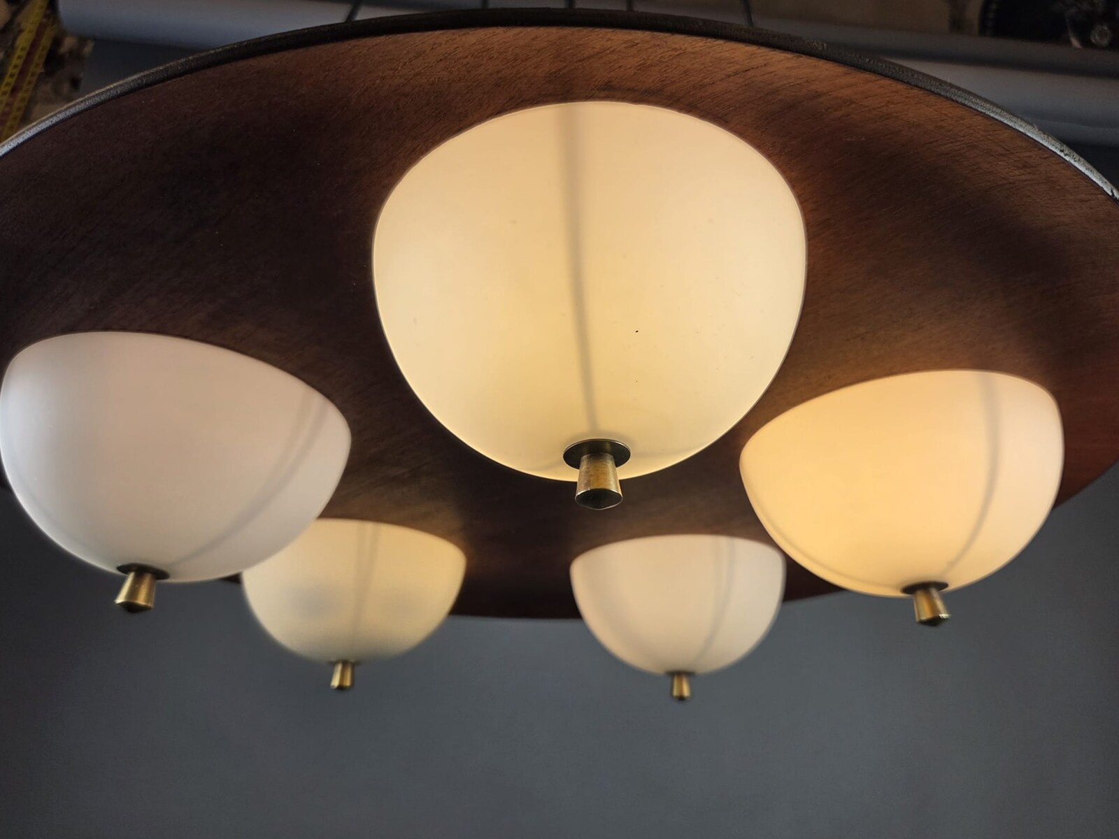 Goffredo Reggiani, opaline glass chandelier with teak frame, Italy, circa 1960