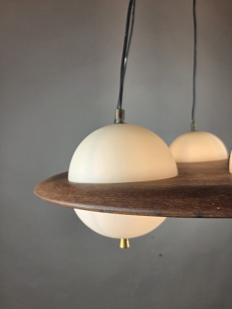 Goffredo Reggiani, opaline glass chandelier with teak frame, Italy, circa 1960