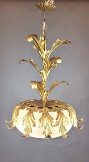 Gold metal and synthetic dome pendant light - circa 1950. A pair is available.