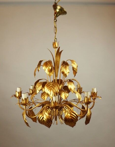 Golden metal chandelier, circa 1950