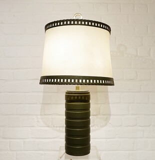 Green Leather Lamp And Parchment Lampshade, Circa 1970