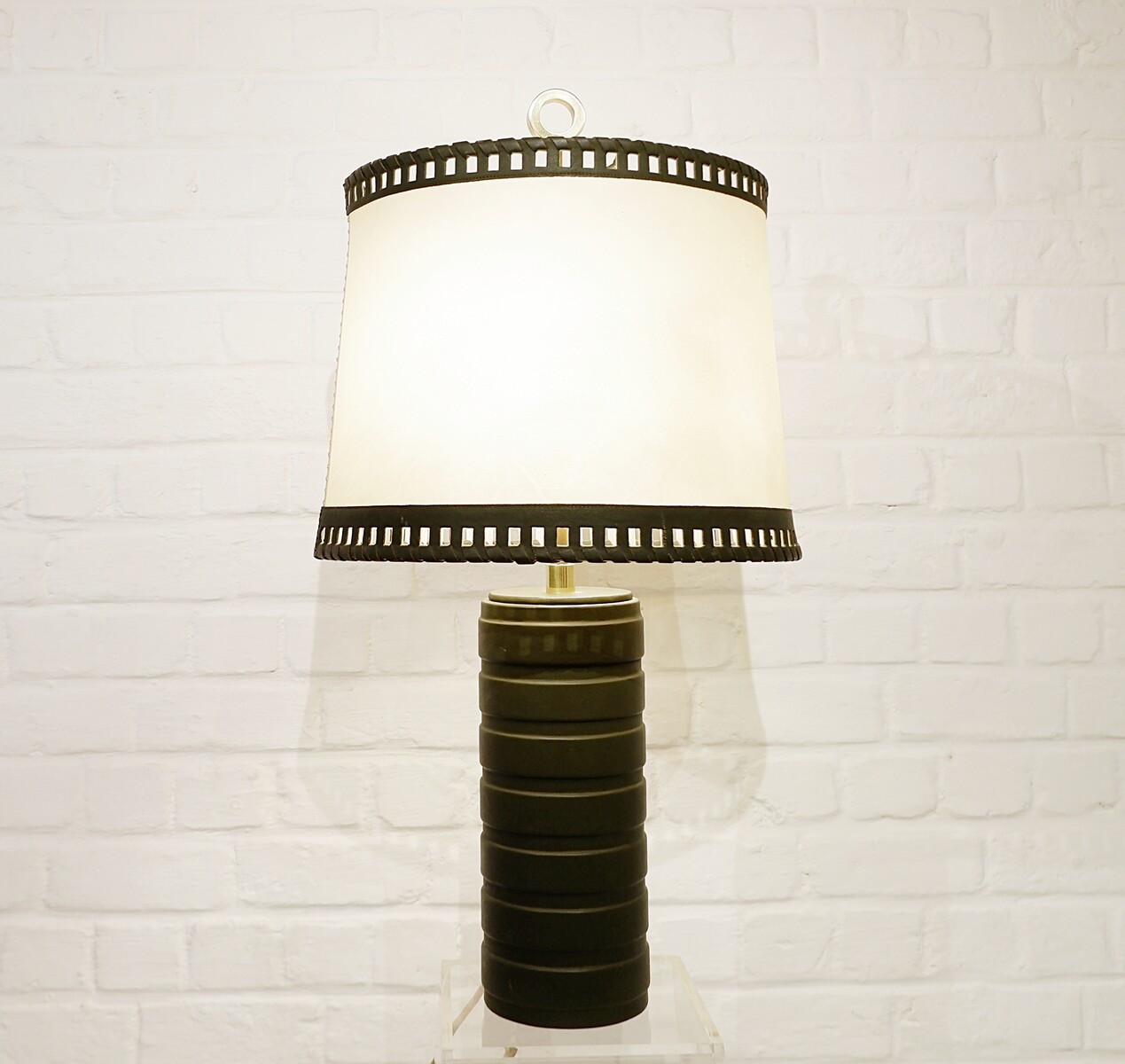 Green Leather Lamp And Parchment Lampshade, Circa 1970