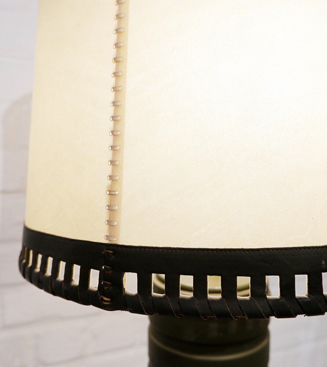 Green Leather Lamp And Parchment Lampshade, Circa 1970