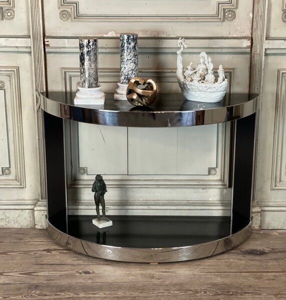 Half Moon Console In Black And Chrome Laminated Wood, Circa 1980