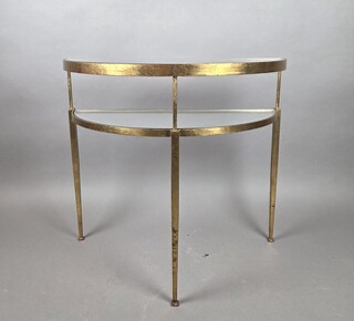 Half-moon console table in gilded wrought iron with glass shelves
