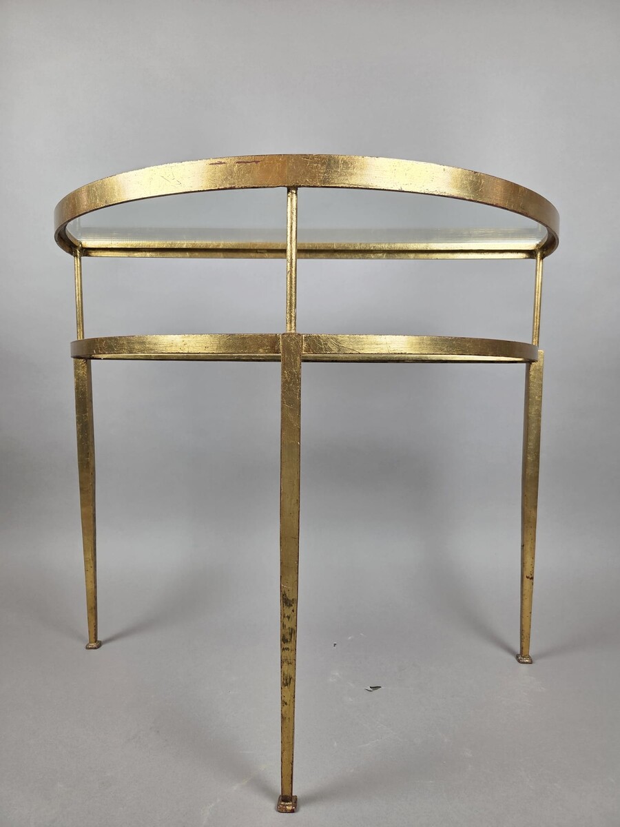 Half-moon console table in gilded wrought iron with glass shelves