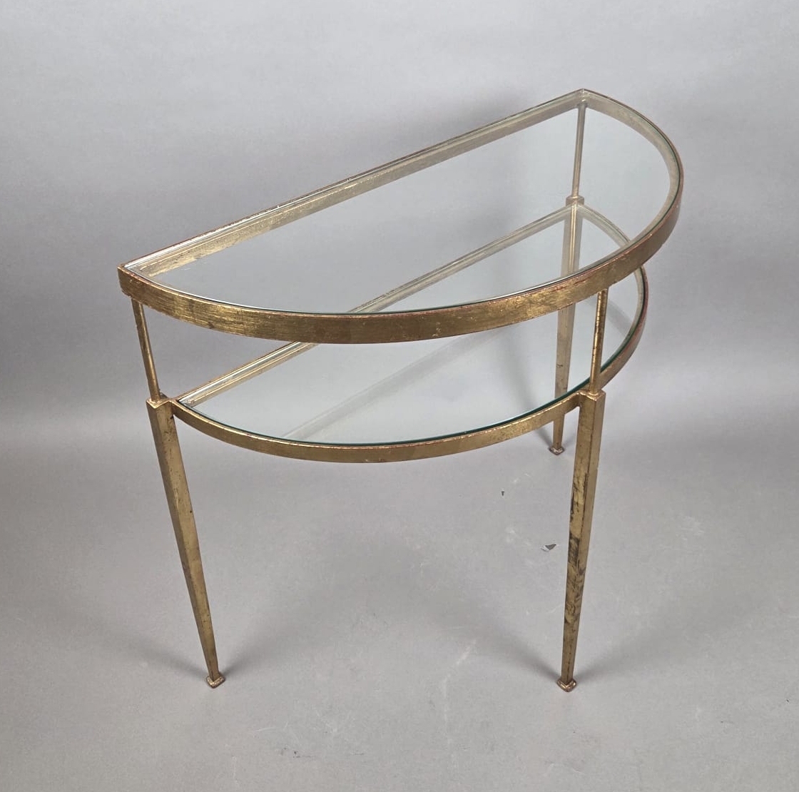 Half-moon console table in gilded wrought iron with glass shelves