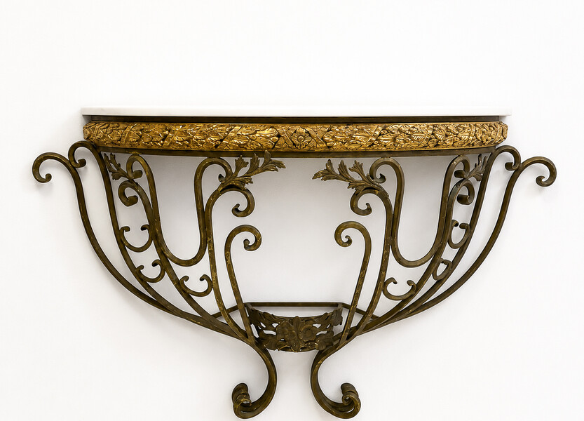 Half-moon wrought-iron console table with a marble top