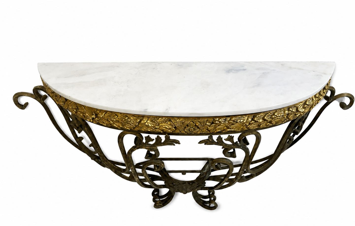 Half-moon wrought-iron console table with a marble top